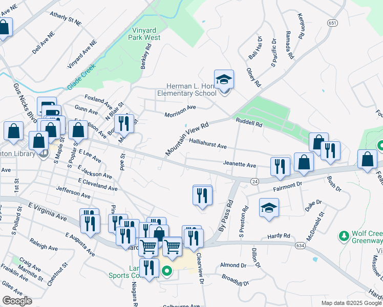 map of restaurants, bars, coffee shops, grocery stores, and more near 1006 Jeanette Avenue in Vinton