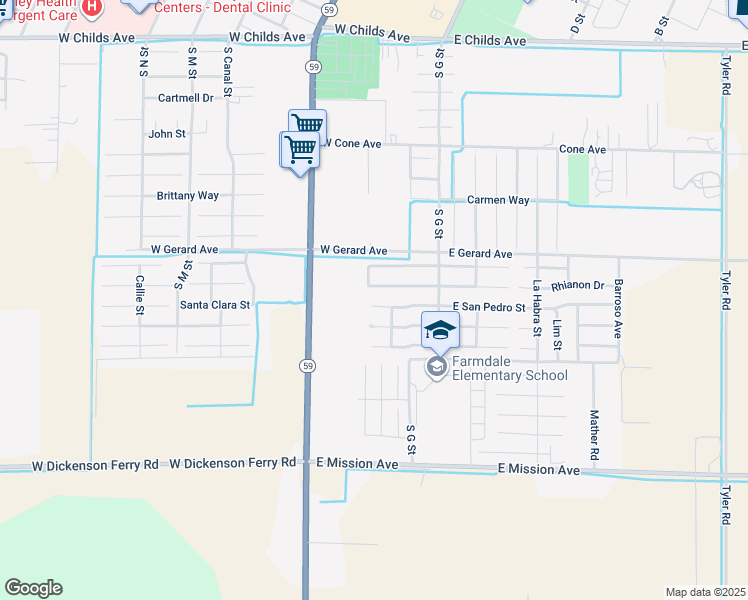 map of restaurants, bars, coffee shops, grocery stores, and more near 177 San Pedro Street in Merced