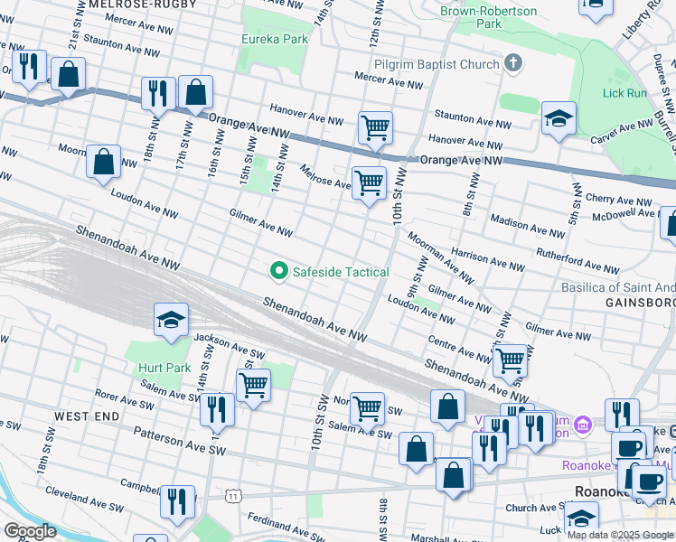 map of restaurants, bars, coffee shops, grocery stores, and more near 1118 Gilmer Ave NW in Roanoke