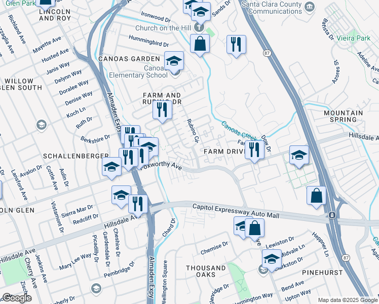 map of restaurants, bars, coffee shops, grocery stores, and more near 907 Brunetti Court in San Jose