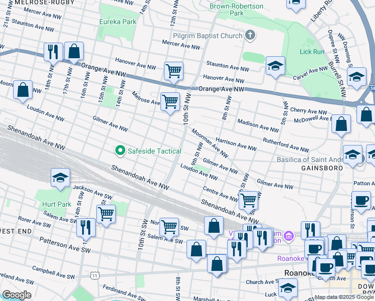 map of restaurants, bars, coffee shops, grocery stores, and more near 919 Gilmer Avenue Northwest in Roanoke