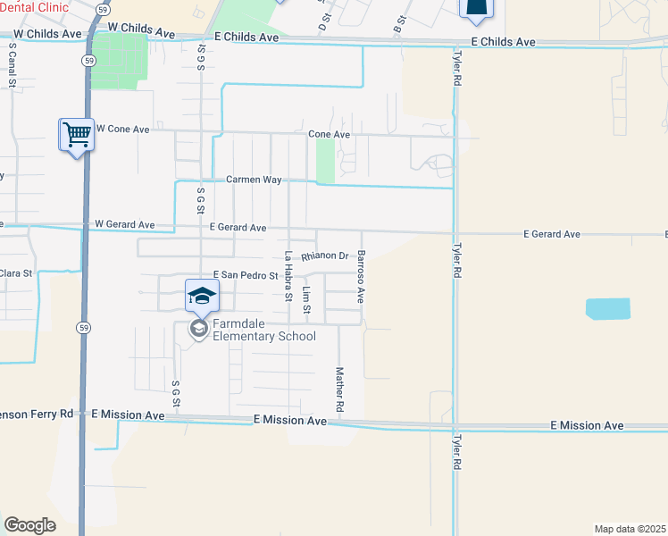 map of restaurants, bars, coffee shops, grocery stores, and more near 441 East San Pedro Street in Merced