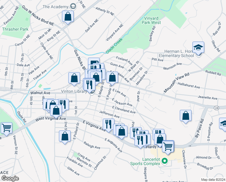 map of restaurants, bars, coffee shops, grocery stores, and more near 309 East Lee Avenue in Vinton