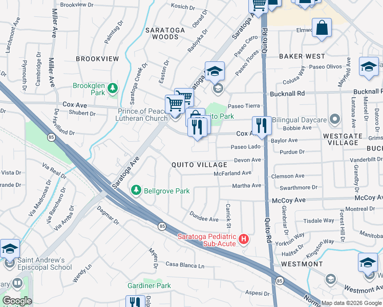 map of restaurants, bars, coffee shops, grocery stores, and more near 10650 Elm Circle in Saratoga