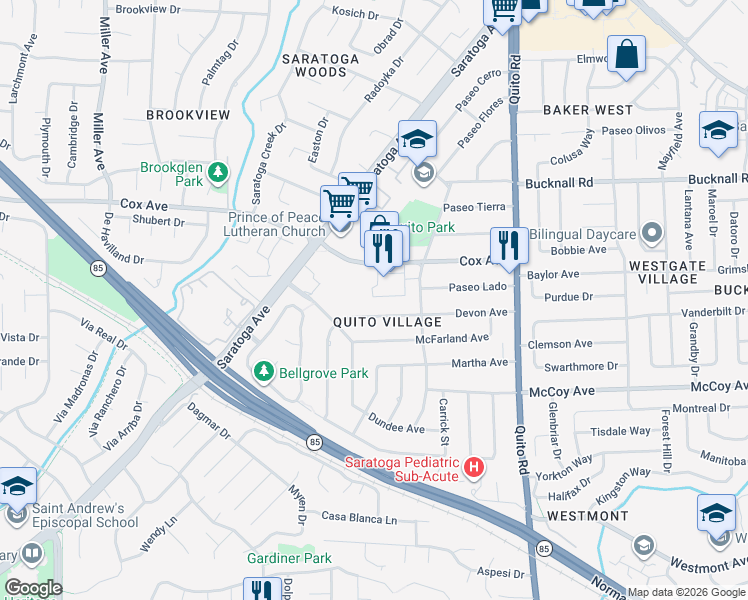 map of restaurants, bars, coffee shops, grocery stores, and more near 10640 Elm Circle in Saratoga