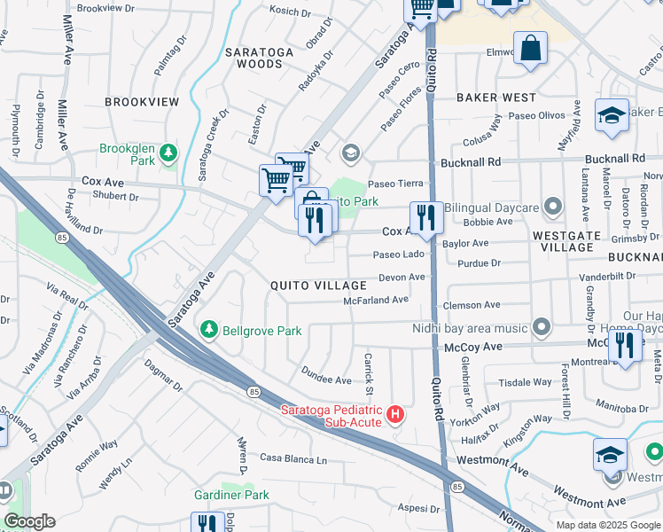 map of restaurants, bars, coffee shops, grocery stores, and more near 18736 Cox Avenue in Saratoga