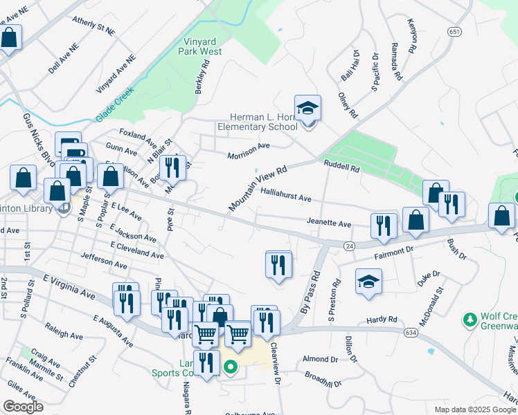 map of restaurants, bars, coffee shops, grocery stores, and more near 1002 Jeanette Avenue in Vinton