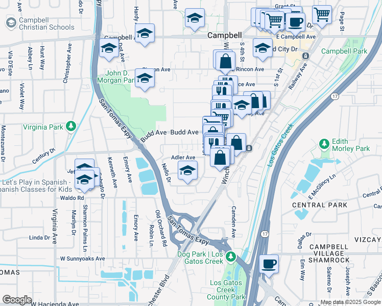 map of restaurants, bars, coffee shops, grocery stores, and more near 159 Adler Avenue in Campbell