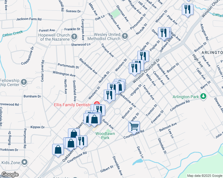 map of restaurants, bars, coffee shops, grocery stores, and more near 3223 Woodlawn Street in Hopewell