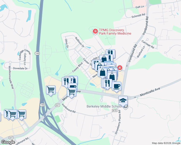 map of restaurants, bars, coffee shops, grocery stores, and more near 4306 Lydias Drive in Williamsburg