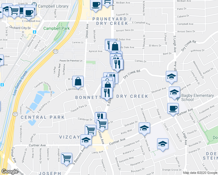 map of restaurants, bars, coffee shops, grocery stores, and more near 2375 South Bascom Avenue in Campbell