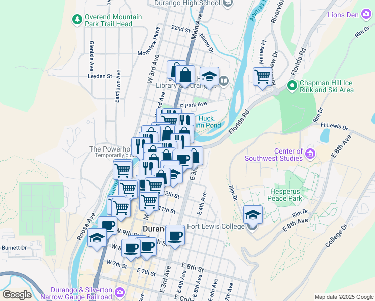 map of restaurants, bars, coffee shops, grocery stores, and more near 200-258 Co Road 240 in Durango