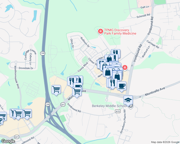 map of restaurants, bars, coffee shops, grocery stores, and more near 4306 Lydias Drive in Williamsburg