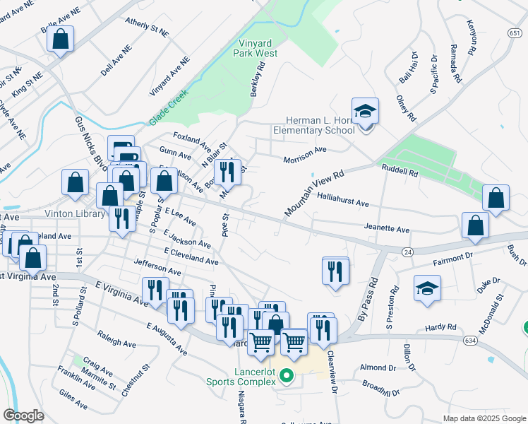 map of restaurants, bars, coffee shops, grocery stores, and more near 864 East Washington Avenue in Vinton