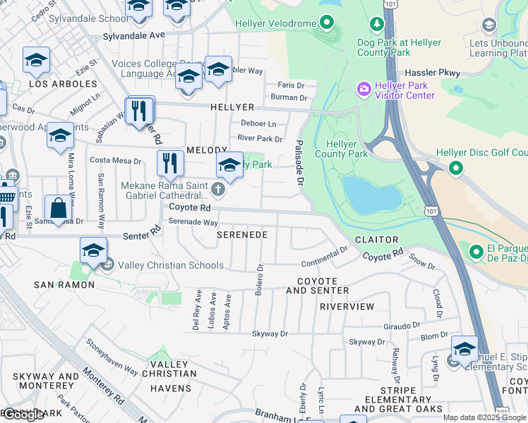 map of restaurants, bars, coffee shops, grocery stores, and more near 599 Coyote Road in San Jose