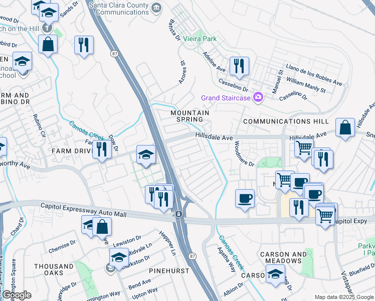 map of restaurants, bars, coffee shops, grocery stores, and more near 570 Mountain Home Drive in San Jose