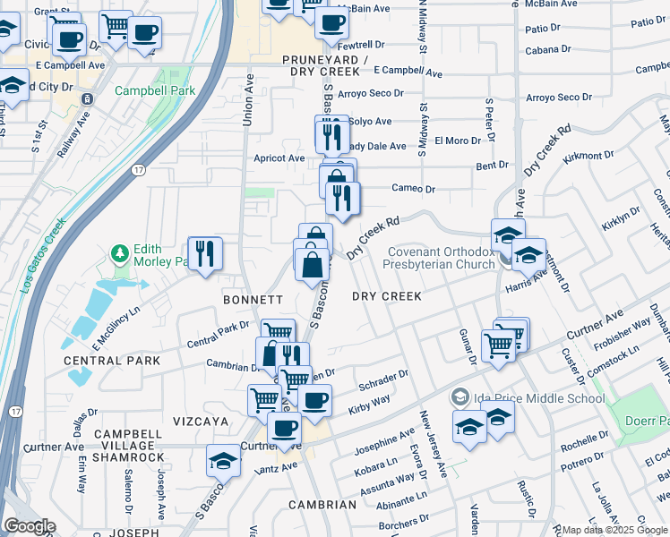 map of restaurants, bars, coffee shops, grocery stores, and more near 2375 South Bascom Avenue in Campbell