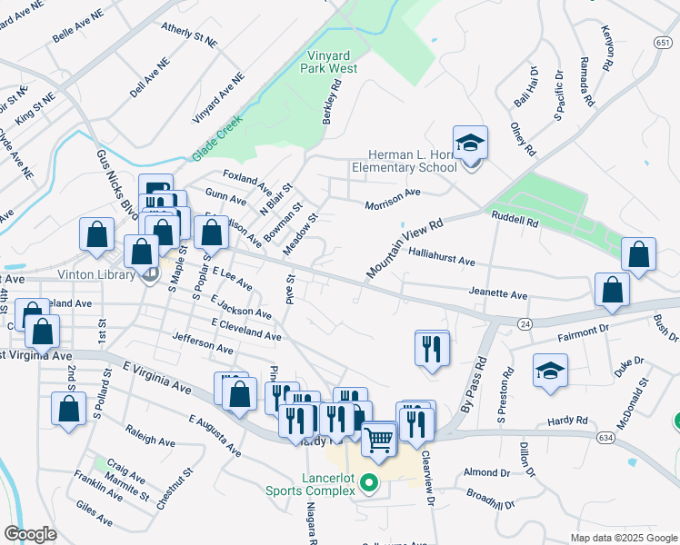 map of restaurants, bars, coffee shops, grocery stores, and more near 864 East Washington Avenue in Vinton