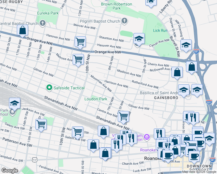 map of restaurants, bars, coffee shops, grocery stores, and more near 733 Moorman Avenue Northwest in Roanoke