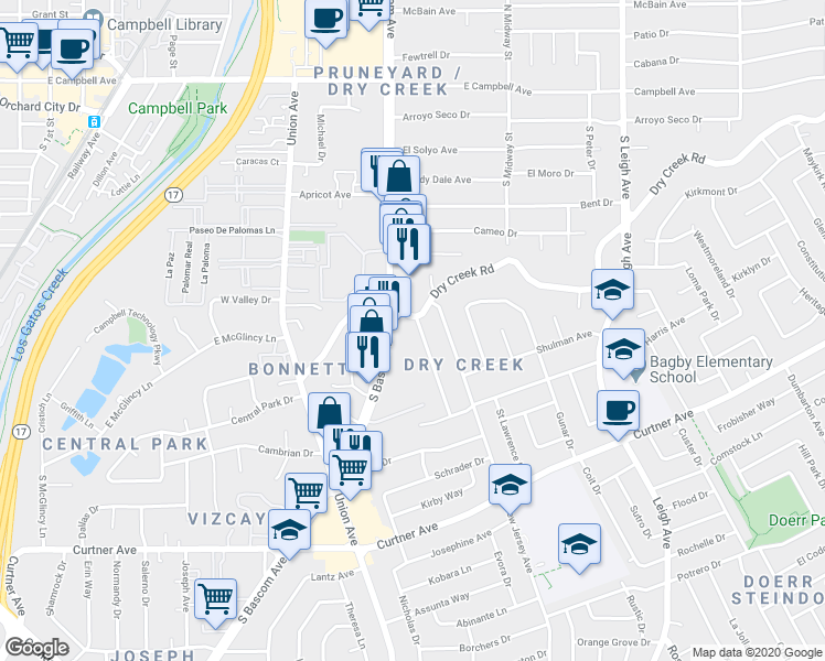 map of restaurants, bars, coffee shops, grocery stores, and more near 2305 Pauline Drive in San Jose