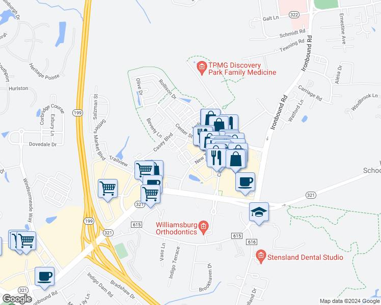 map of restaurants, bars, coffee shops, grocery stores, and more near 4508 Gwens Way in Williamsburg