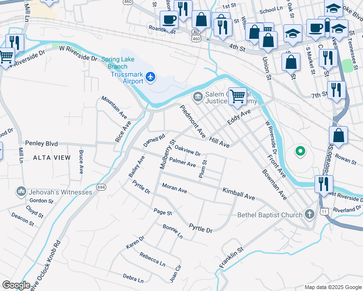 map of restaurants, bars, coffee shops, grocery stores, and more near 813 Oakview Drive in Salem
