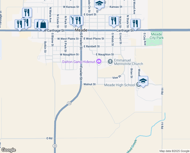 map of restaurants, bars, coffee shops, grocery stores, and more near 611 South Pearlette Street in Meade