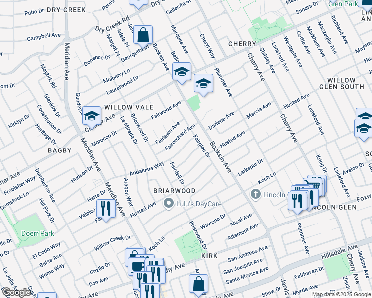map of restaurants, bars, coffee shops, grocery stores, and more near 1637 Andalusia Way in San Jose