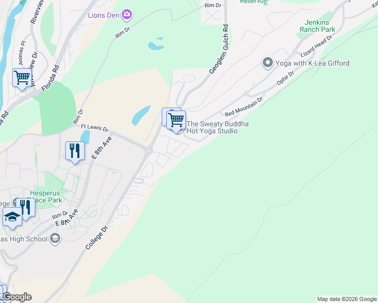 map of restaurants, bars, coffee shops, grocery stores, and more near 1100 Goeglein Gulch in Durango