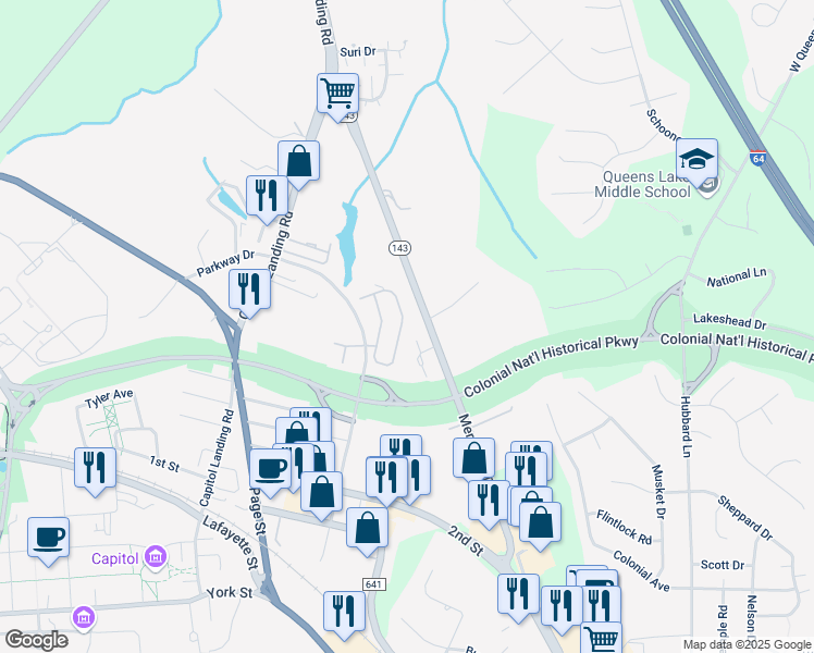 map of restaurants, bars, coffee shops, grocery stores, and more near 256 Zelkova Road in Williamsburg
