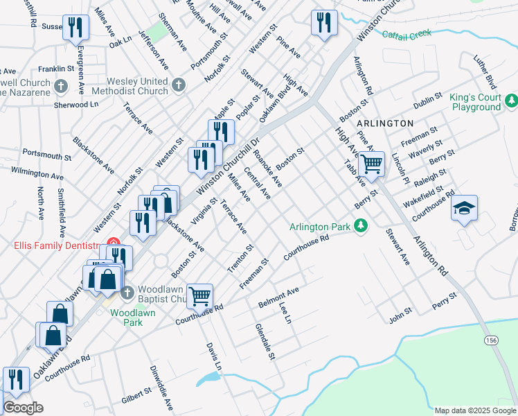 map of restaurants, bars, coffee shops, grocery stores, and more near 1301 Miles Avenue in Hopewell