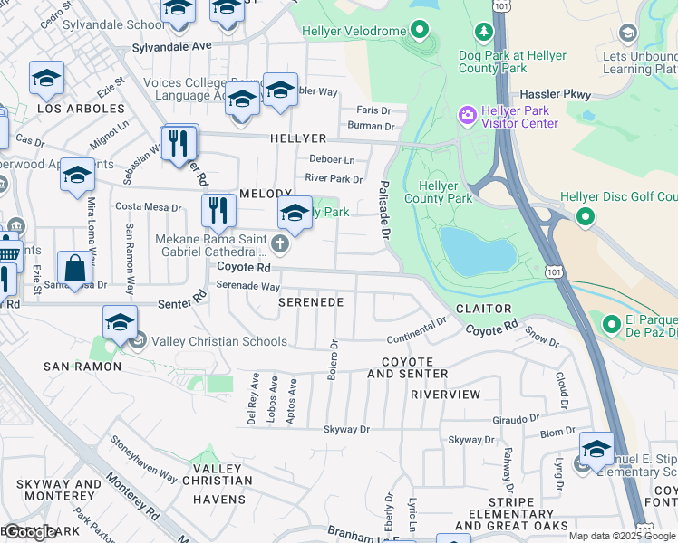 map of restaurants, bars, coffee shops, grocery stores, and more near 565 Coyote Road in San Jose