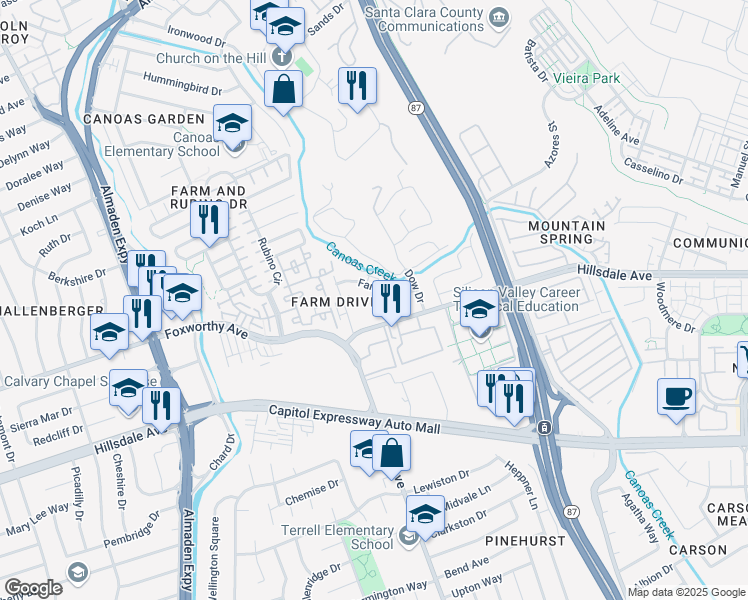map of restaurants, bars, coffee shops, grocery stores, and more near 3125 Dakan Court in San Jose