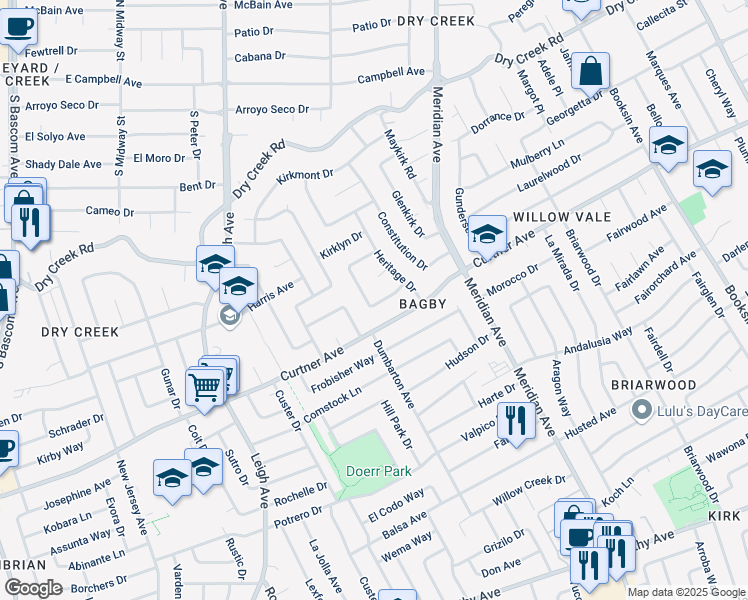 map of restaurants, bars, coffee shops, grocery stores, and more near 2356 Walden Square in San Jose