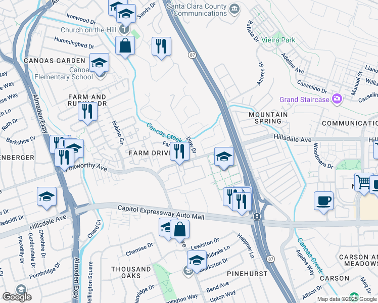 map of restaurants, bars, coffee shops, grocery stores, and more near 786 Farm Drive in San Jose