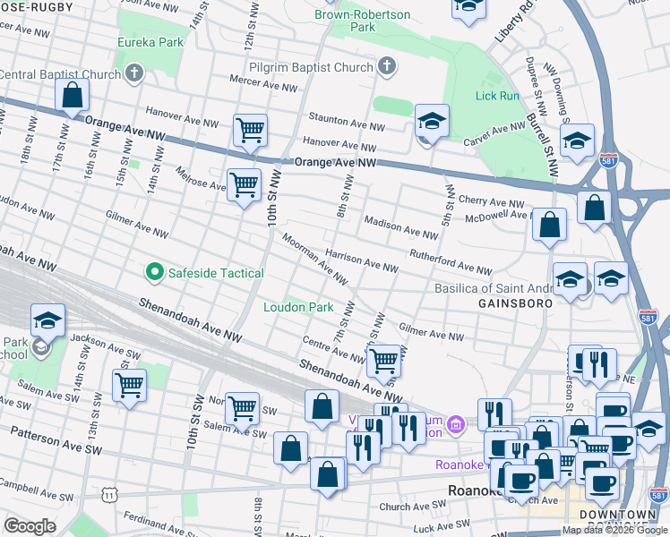 map of restaurants, bars, coffee shops, grocery stores, and more near 733 Moorman Avenue Northwest in Roanoke