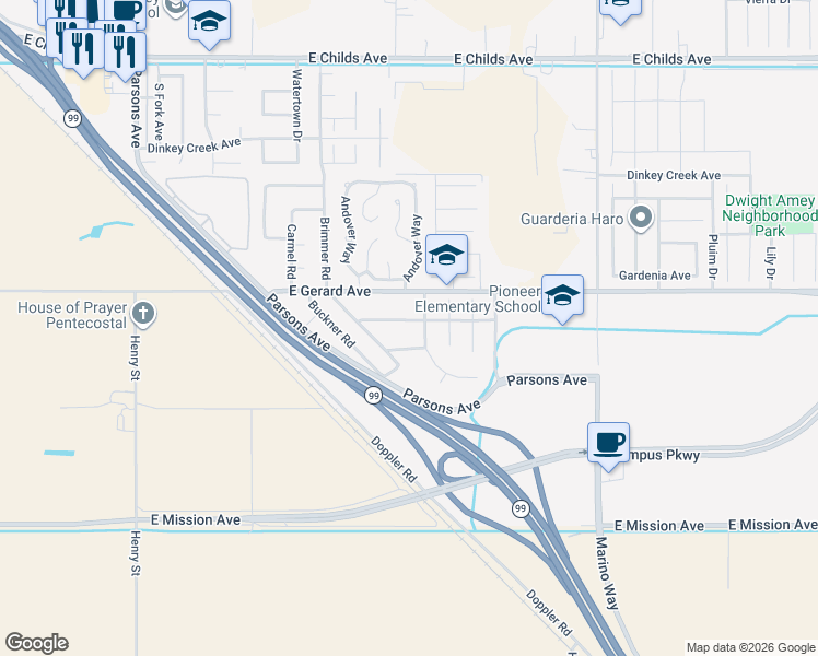 map of restaurants, bars, coffee shops, grocery stores, and more near 2591 Ballantyne Drive in Merced