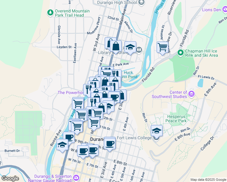 map of restaurants, bars, coffee shops, grocery stores, and more near 200 County Road 240 in Durango