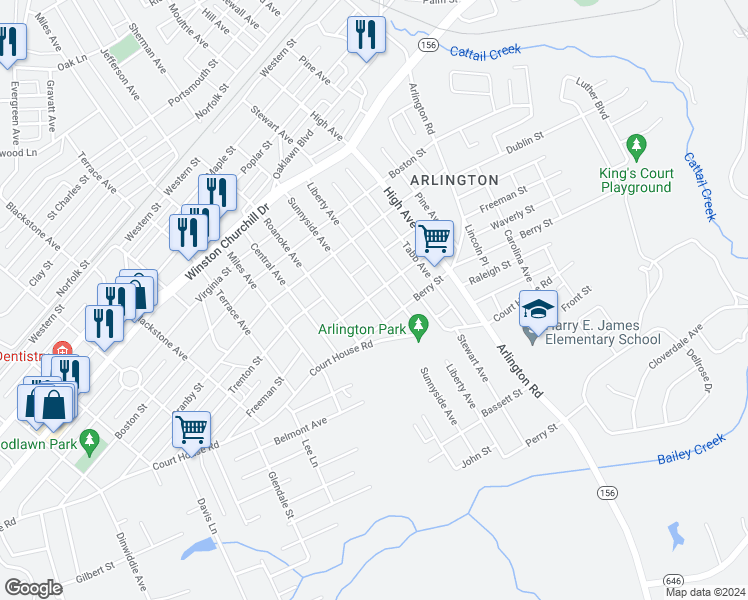 map of restaurants, bars, coffee shops, grocery stores, and more near 1501 Sunnyside Avenue in Hopewell