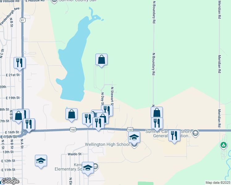 map of restaurants, bars, coffee shops, grocery stores, and more near 1419 Erie Court in Wellington