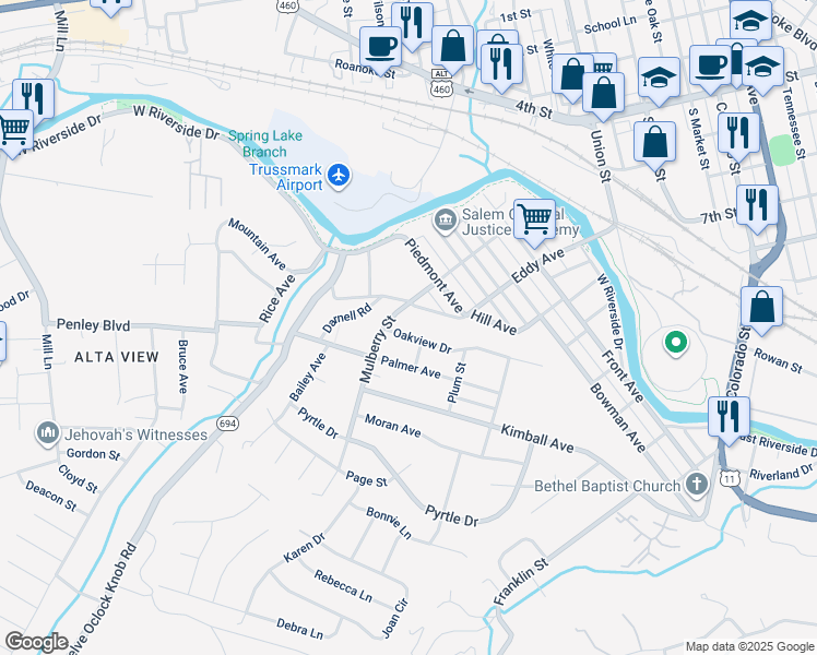 map of restaurants, bars, coffee shops, grocery stores, and more near 813 Oakview Drive in Salem