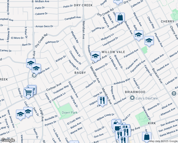 map of restaurants, bars, coffee shops, grocery stores, and more near 2444 Raleigh Drive in San Jose