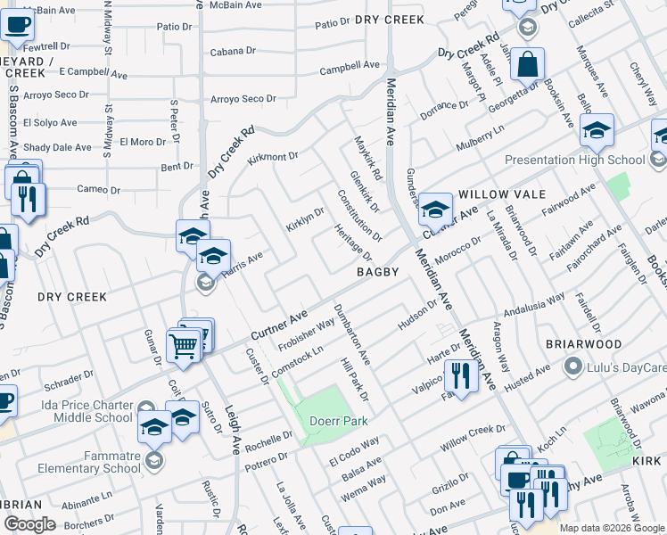 map of restaurants, bars, coffee shops, grocery stores, and more near 2356 Walden Square in San Jose