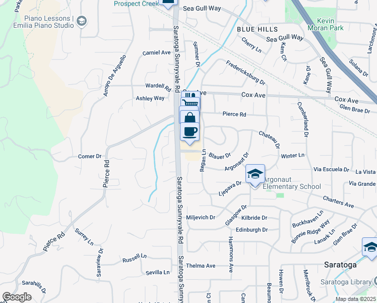 map of restaurants, bars, coffee shops, grocery stores, and more near 20341 Blauer Drive in Saratoga