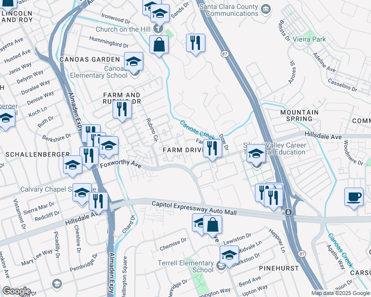 map of restaurants, bars, coffee shops, grocery stores, and more near 3075 Pearl Avenue in San Jose