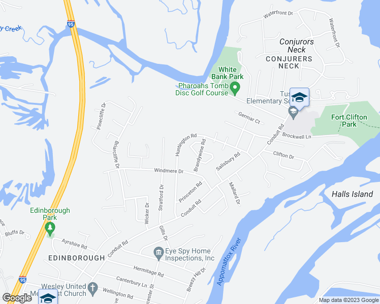 map of restaurants, bars, coffee shops, grocery stores, and more near 10 Brandywine Court in Colonial Heights