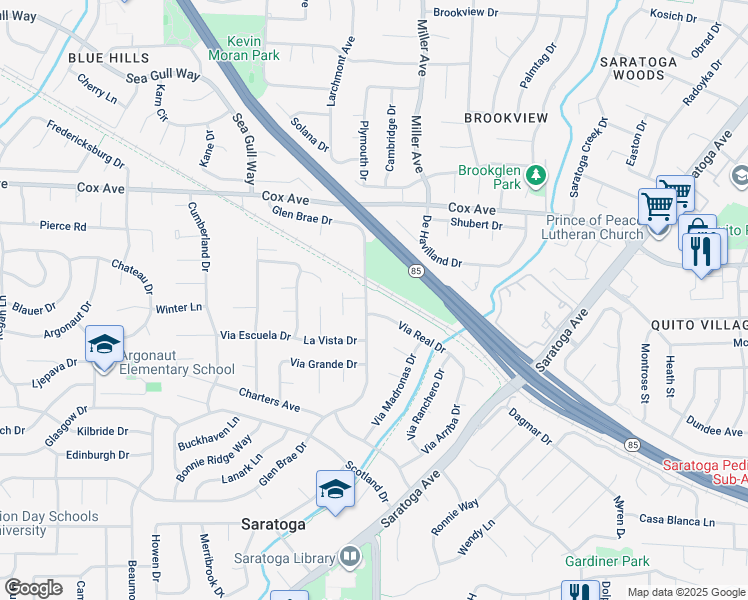map of restaurants, bars, coffee shops, grocery stores, and more near 13010 Glen Brae Drive in Saratoga