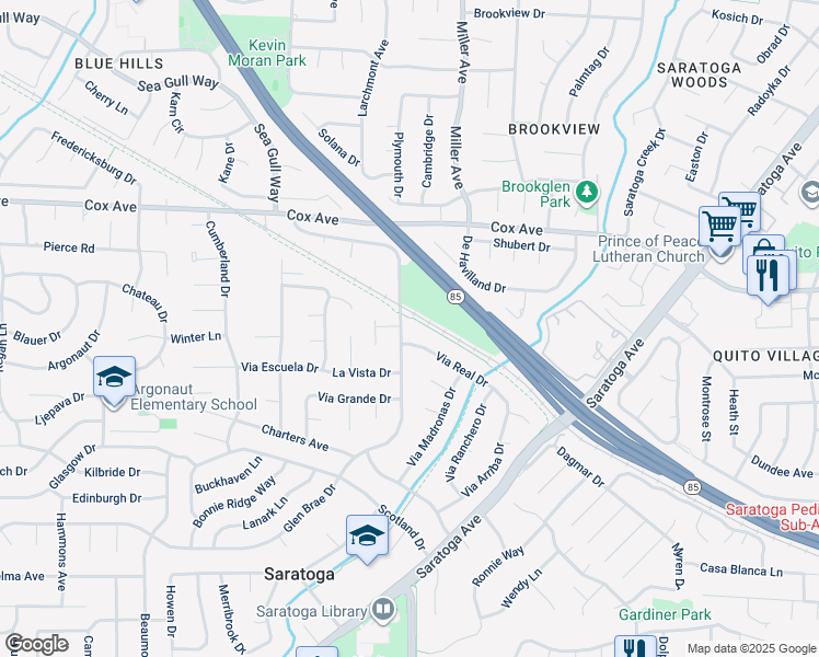 map of restaurants, bars, coffee shops, grocery stores, and more near 13010 Glen Brae Drive in Saratoga