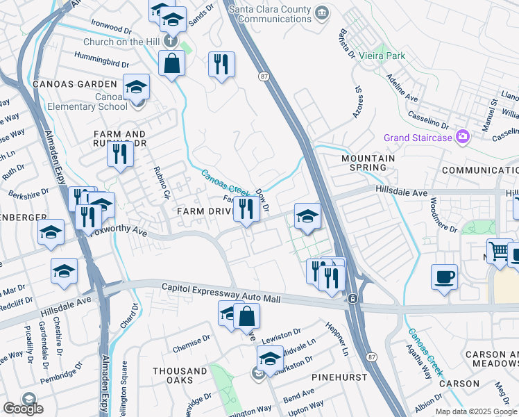 map of restaurants, bars, coffee shops, grocery stores, and more near 786 Farm Drive in San Jose