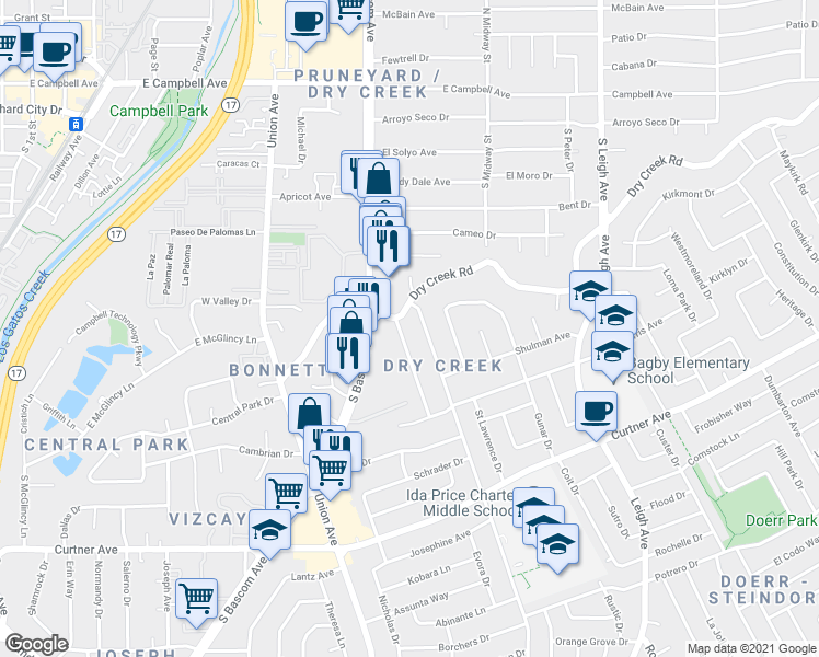 map of restaurants, bars, coffee shops, grocery stores, and more near 2305 Pauline Drive in San Jose